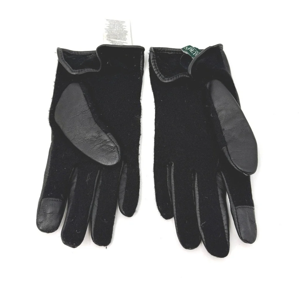 Lauren Ralph Lauren Womens Black Leather Wool Blend RLL Embroidered Logo Gloves